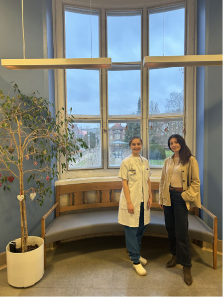 Læge og ph.d.-studerende Simone Høstgaard Laura Glismann og speciallæge og styregruppemedlem Kirsten Salado-Rasmussen står foran vindue på Bispebjerg Hospital.